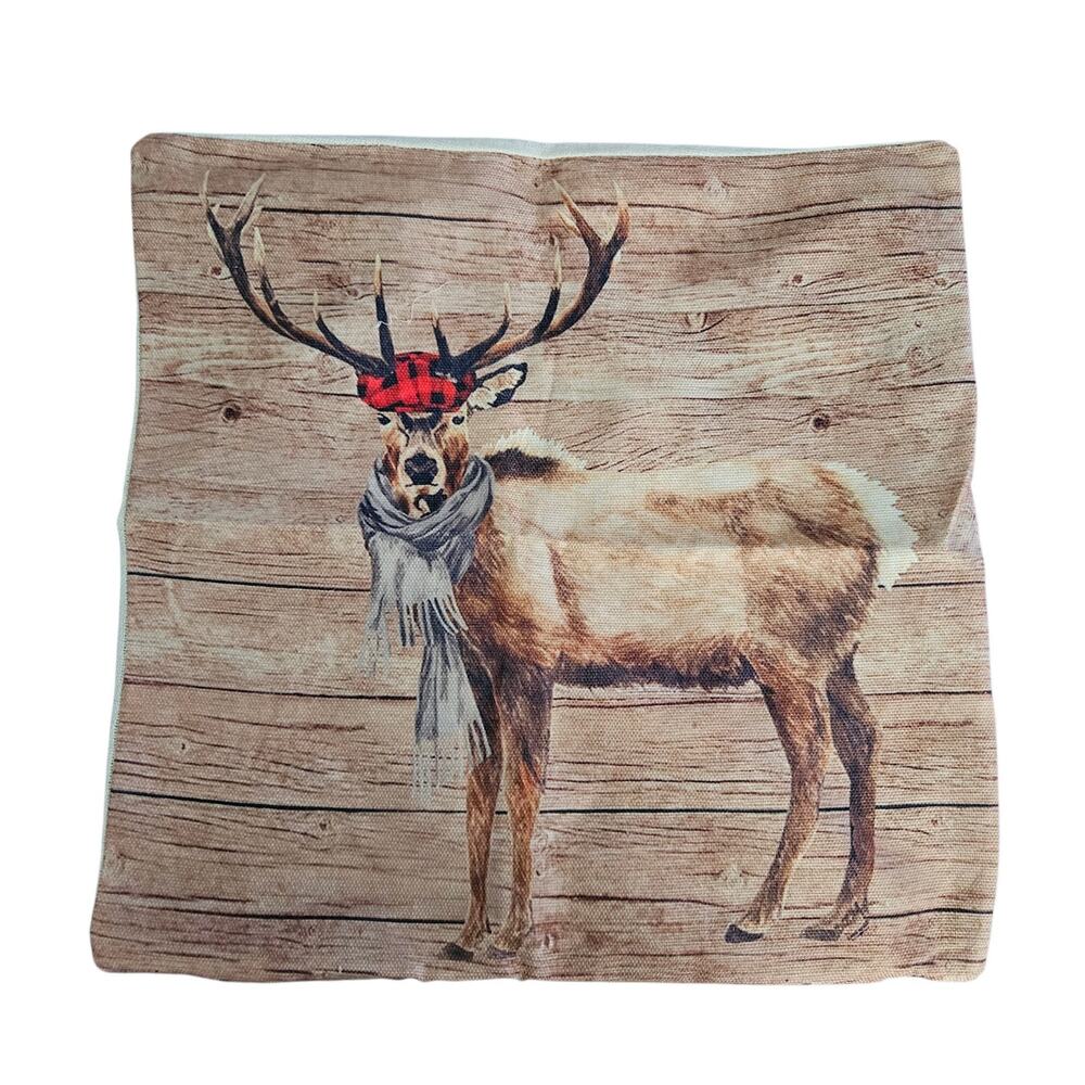 Rustic Christmas Reindeer Buffalo Plaid Canvas Throw Pillow Cover Holiday Decor